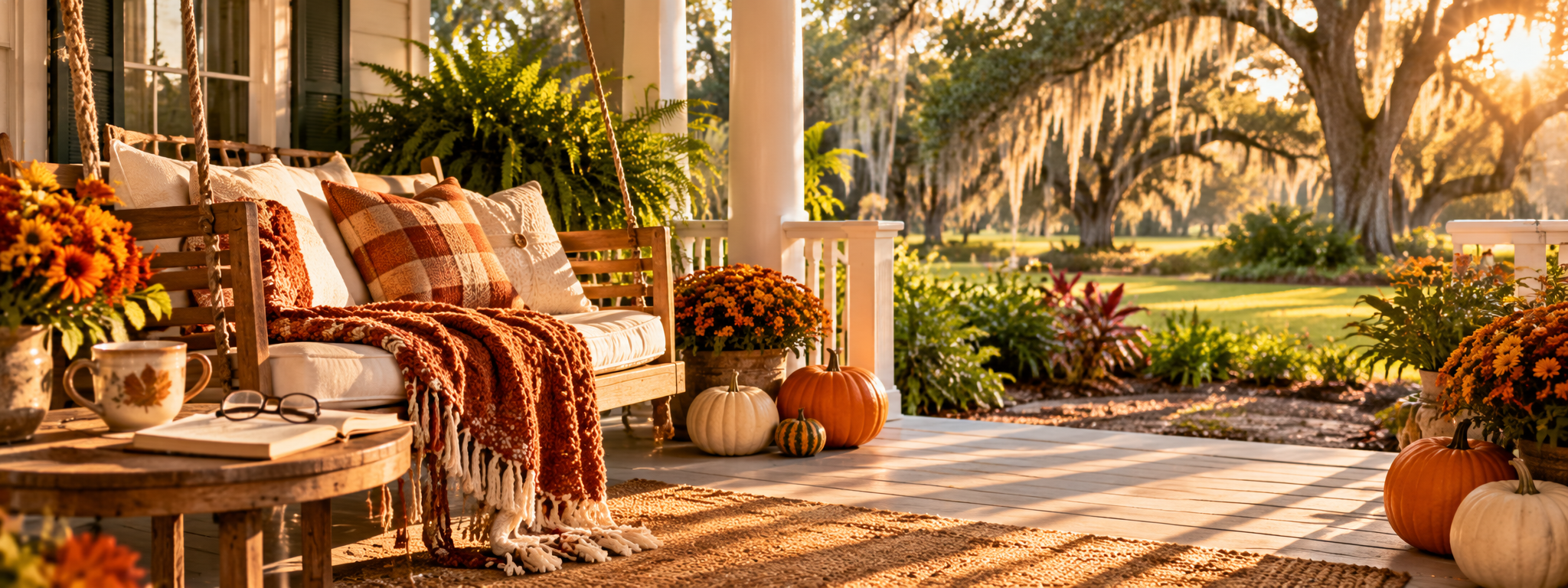 A peaceful Florida autumn porch with a wooden swing, cozy blanket, seasonal pumpkins, and golden afternoon sunlight overlooking a quiet garden.