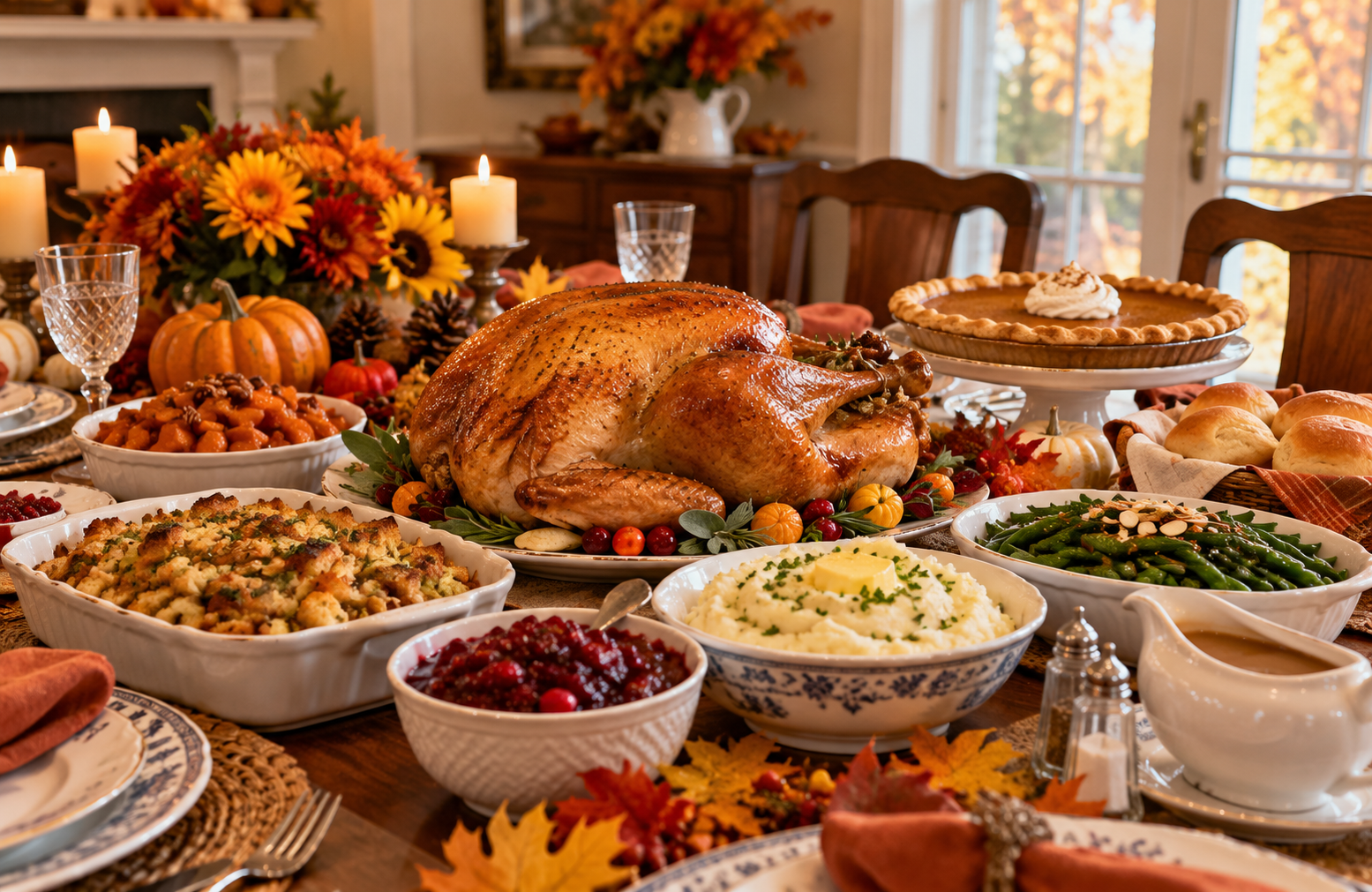 A traditional Thanksgiving dinner with roasted turkey, homemade side dishes, pumpkin pie, and warm autumn decorations.