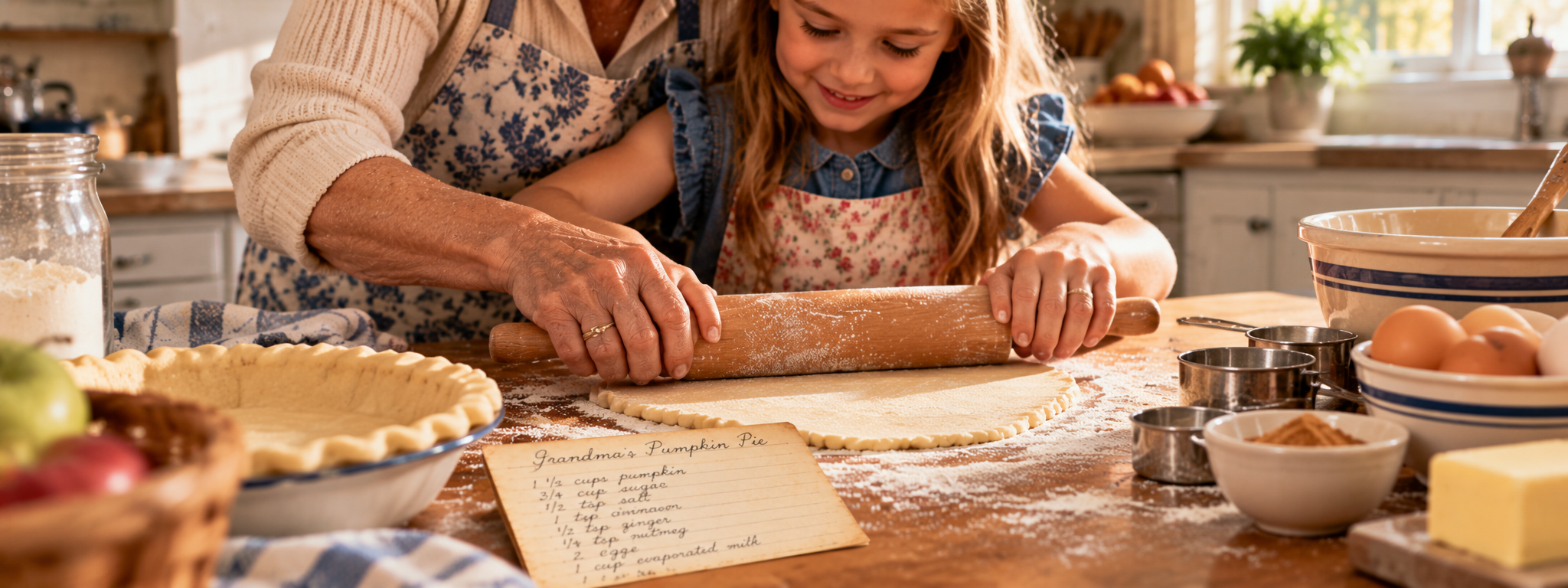 A grandmother guiding her granddaughter as they roll pastry dough together, passing down a treasured family pumpkin pie recipe.