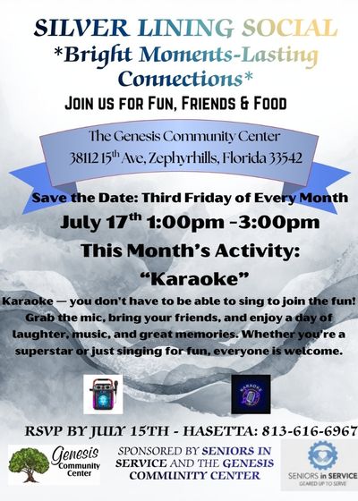 Silver Lining Social flyer – Karaoke July 17 at The Genesis Community Center