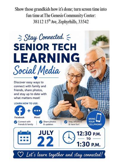 Senior Tech Day event flyer — Social Media edition, July 22, 12:30 to 1:30 PM at The Genesis Community Center