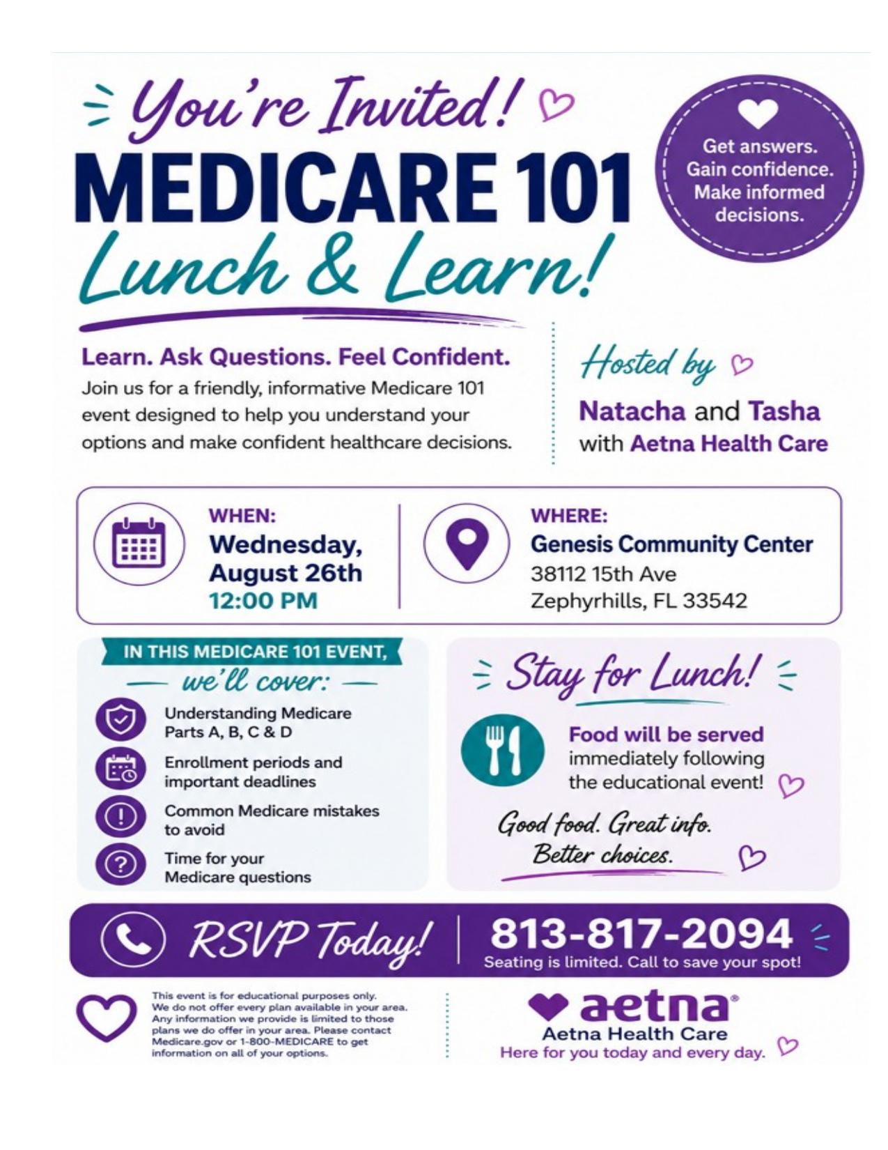 Medicare 101 Lunch and Learn flyer with Aetna Health Care, August 26 at The Genesis Community Center