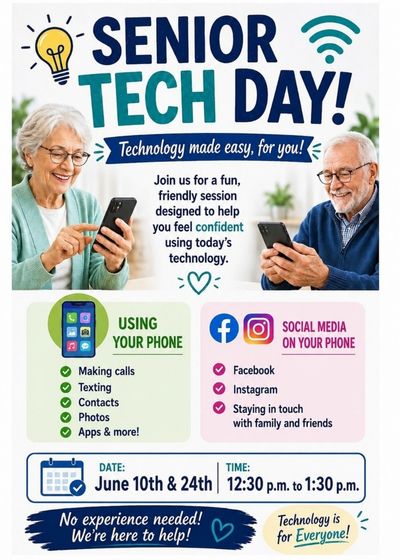 Senior Tech Day event flyer — June 10 and 24, 12:30 to 1:30 PM at The Genesis Community Center