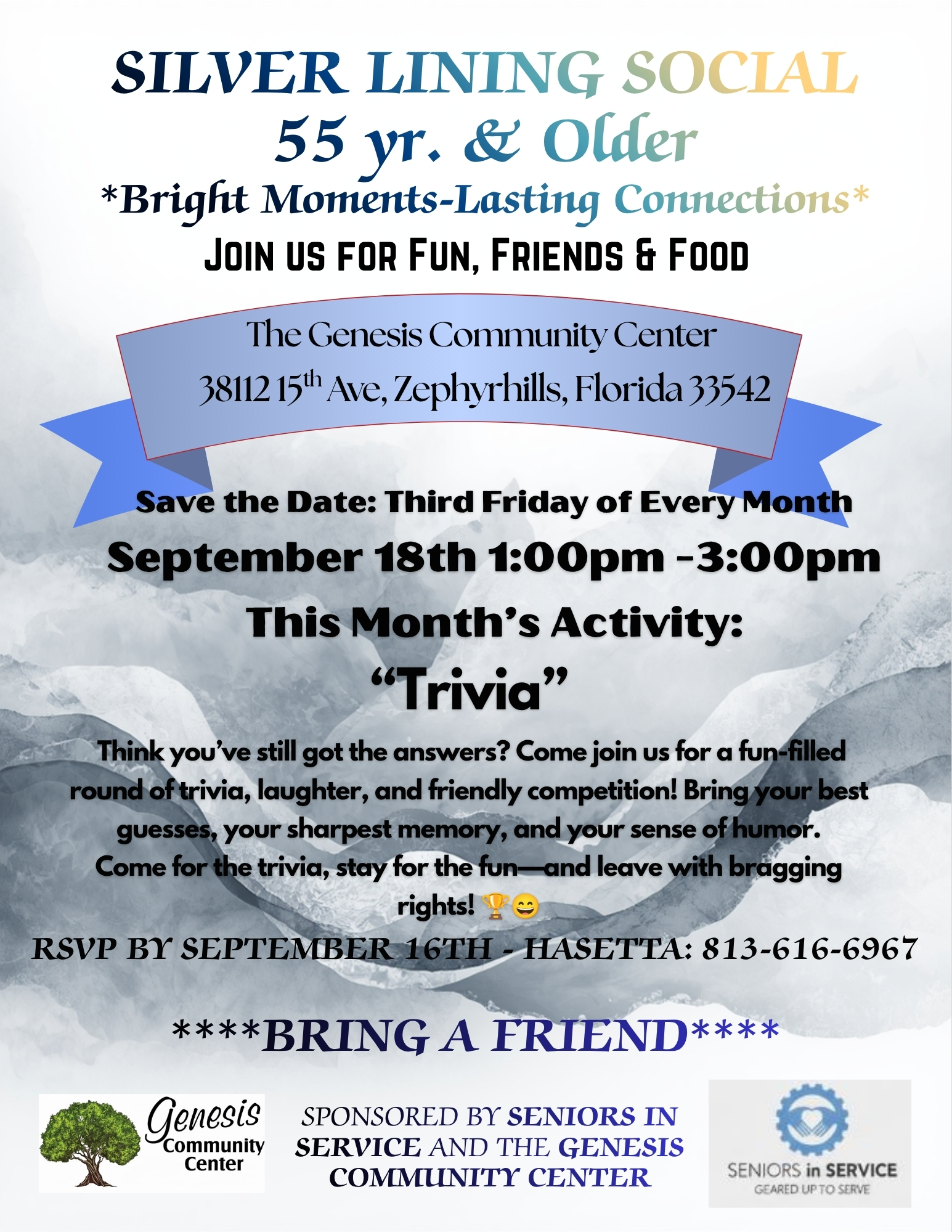 Silver Lining Social flyer – Trivia for adults 55+ September 18 at The Genesis Community Center