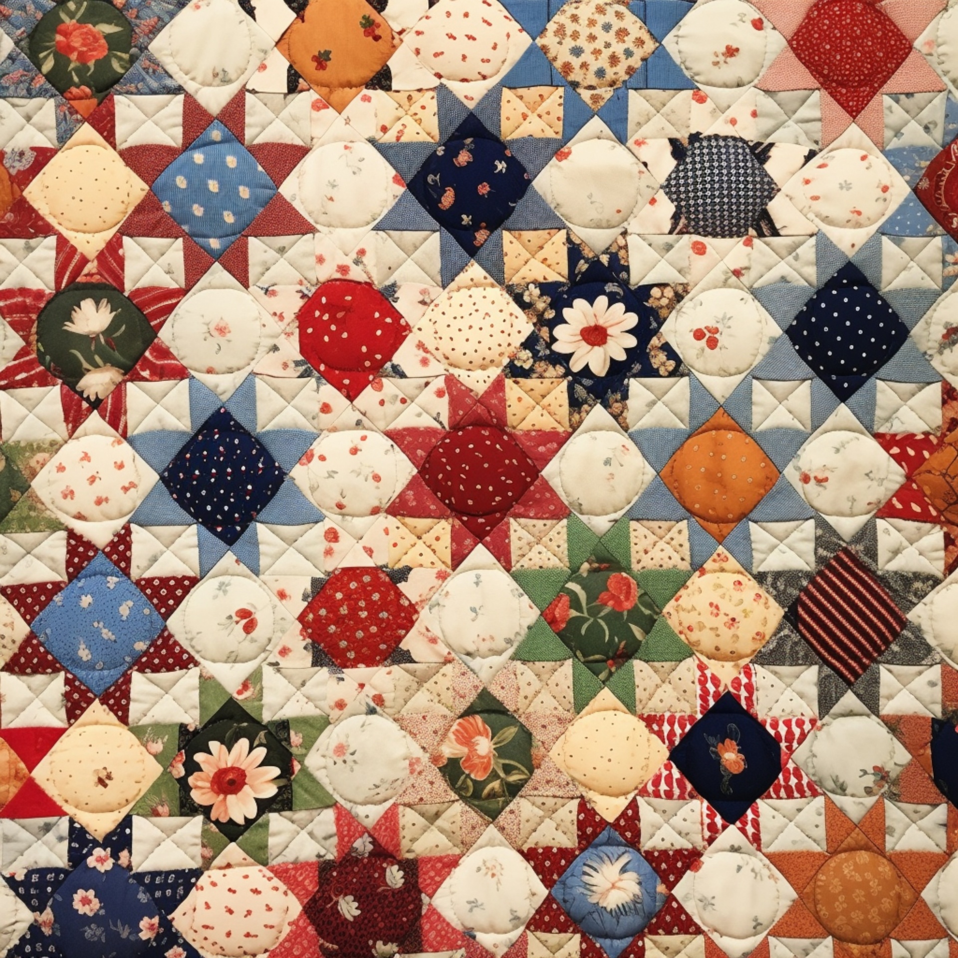 Colorful patchwork quilt featuring traditional geometric and floral patterns